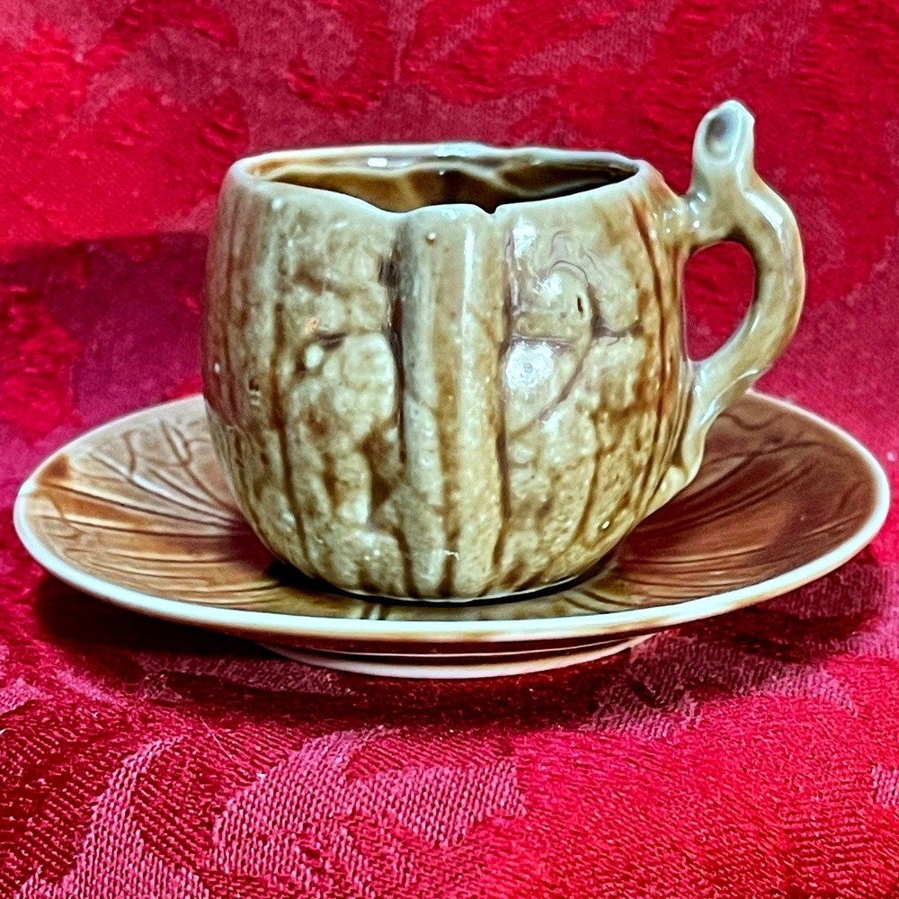Antique Tree Like Brown Ribbed Ceramic Espresso Cup & Saucer Set Rustic Autumn